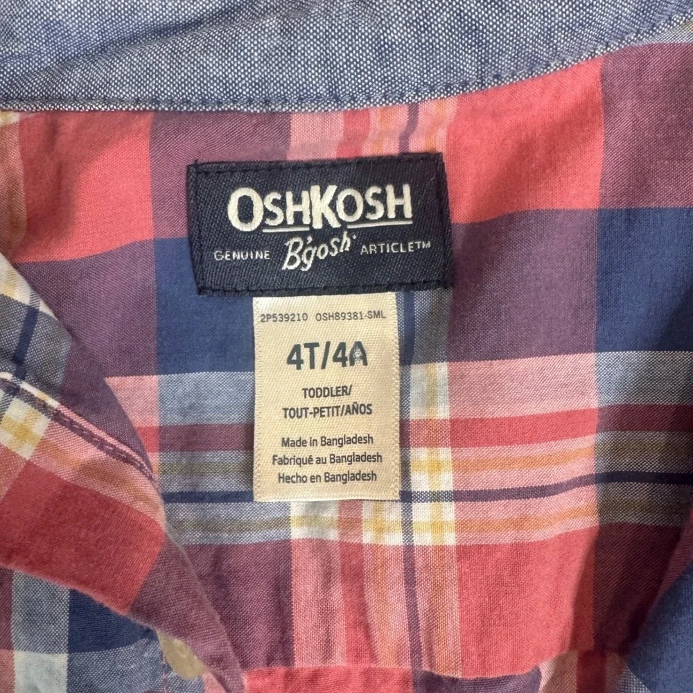 OshKosh Bgosh Toddler Boys 4T Plaid Shirt and Khaki Overalls 2 Piece Set